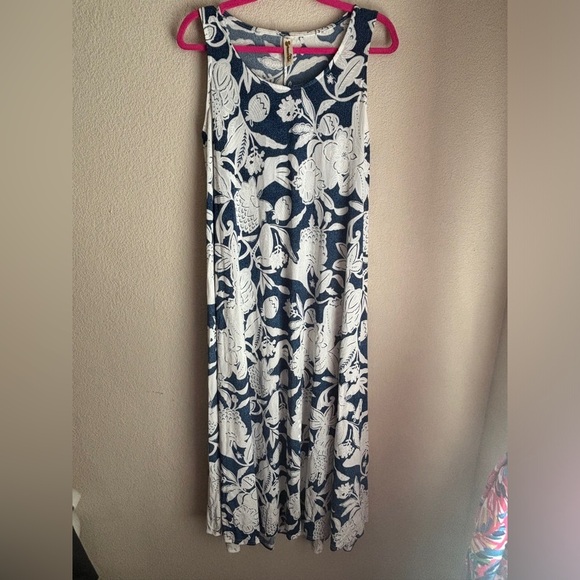 Shoreline Blue & White Hawaiian Floral Puff Print Stretch Maxi Tank Dress L - Picture 5 of 10